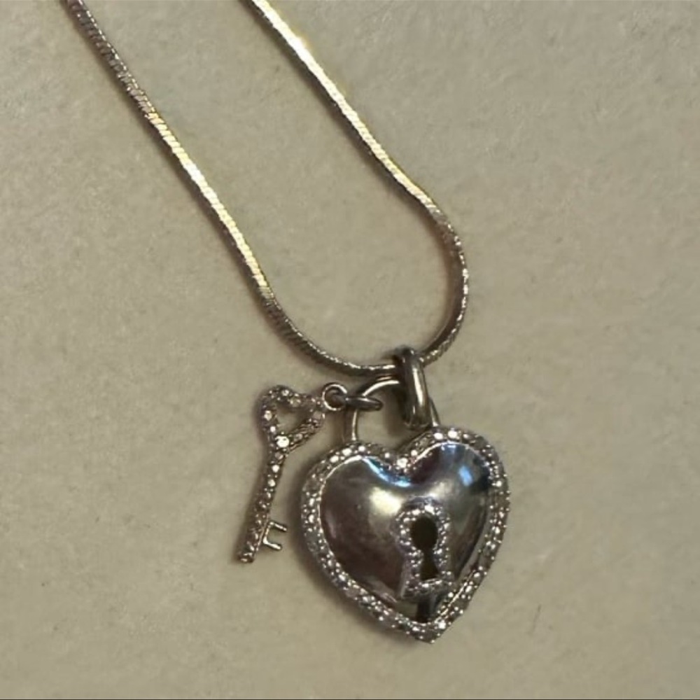 Diamond Heart Lock Key Designer Sterling Silver Necklace